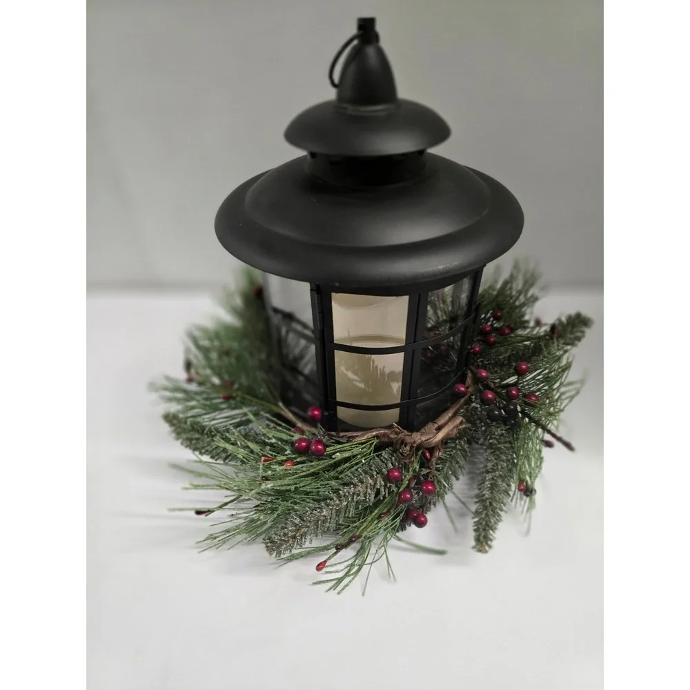 Black Metal Christmas Lantern LED Flameless Candle Evergreen Berry